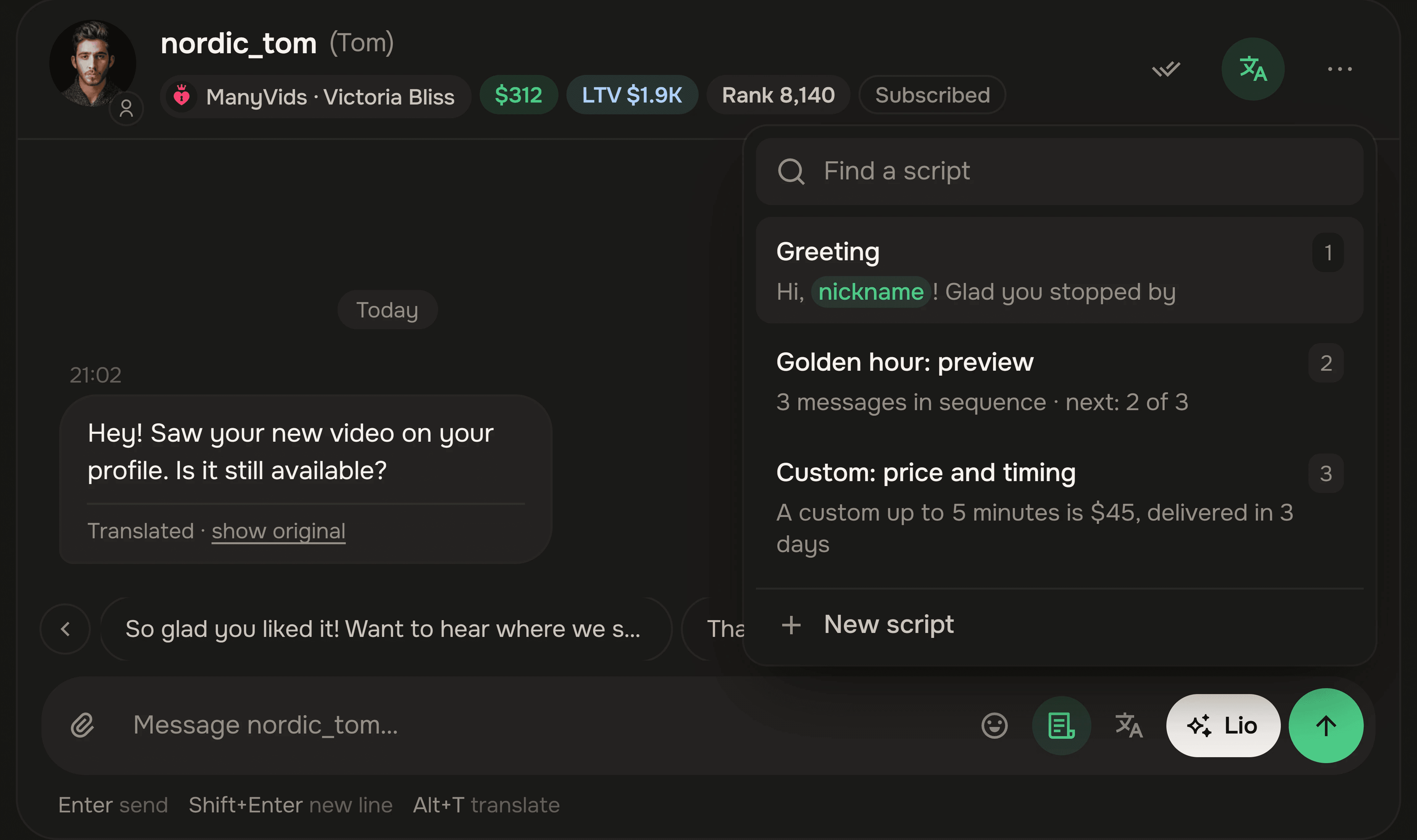 A chat with a translated message and the script list.