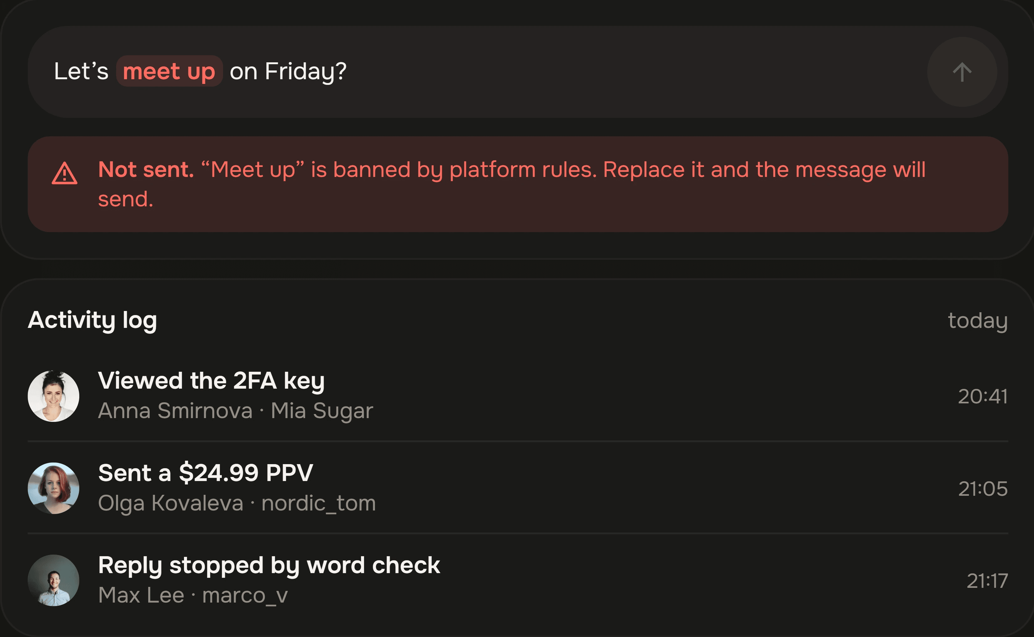 A message stopped by the word check, and the team activity log below.